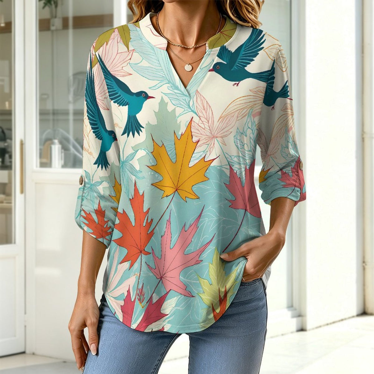 Stand-up Collar Long-sleeved Shirt Plant Bird Maple Leaves  Women’s V-Neck Blouses