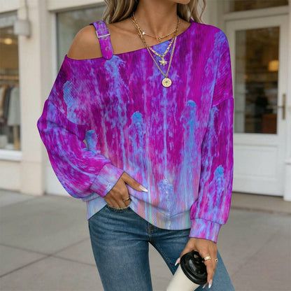 Off-the-shoulder Sweater Purple, Blue Pattern  Asymmetric Cold Shoulder Knit Sweater for Women, Adjustable Buckle Strap Long Sleeve Casual Slouchy Pullover