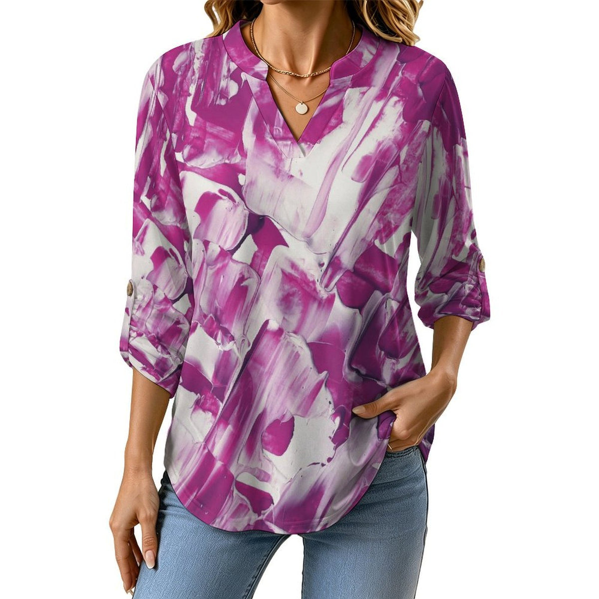 Stand-up Collar Long-sleeved Shirt Pink White Smear Pattern  Customization Women’s V-Neck Blouses,long Sleeve,Roll-Up Sleeve Shirt