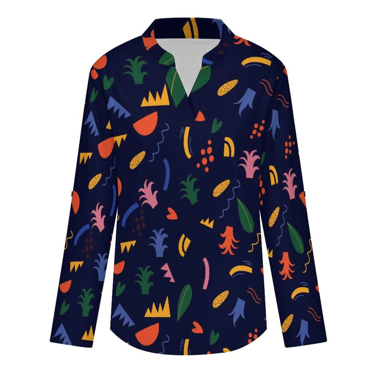 Stand-up Collar Long-sleeved Shirt Mexico Pattern  Customization Women’s V-Neck Blouses,long Sleeve,Roll-Up Sleeve Shirt