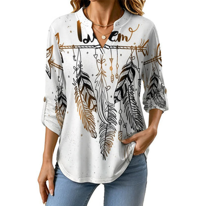 Stand-up Collar Long-sleeved Shirt Dream  Customization Women’s V-Neck Blouses,long Sleeve,Roll-Up Sleeve Shirt