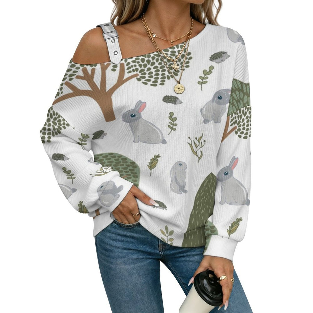 Off-the-shoulder Sweater Cartoon Rabbit  Asymmetric Cold Shoulder Knit Sweater for Women, Adjustable Buckle Strap Long Sleeve Casual Slouchy Pullover