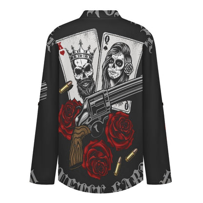 Stand-up Collar Long-sleeved Shirt Halloween, Poker, Skeletons  Customization Women’s V-Neck Blouses,long Sleeve,Roll-Up Sleeve Shirt