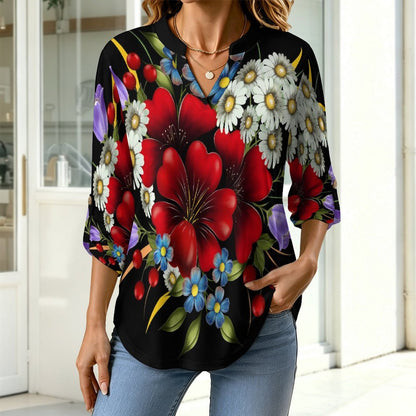 Stand-up Collar Long-sleeved Shirt Colorful Bouquet white S Women’s V-Neck Blouses