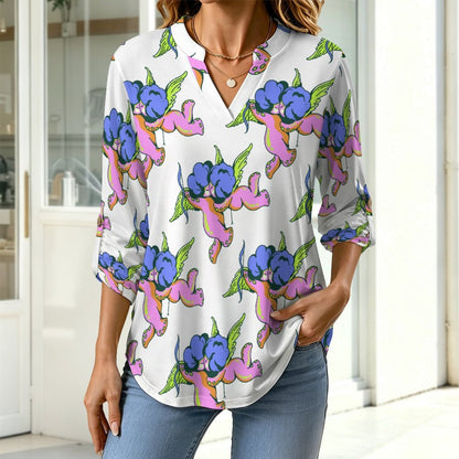 Octopus Angel Pattern  Women Curved Hem V Neck Roll Sleeve Casual Work Top