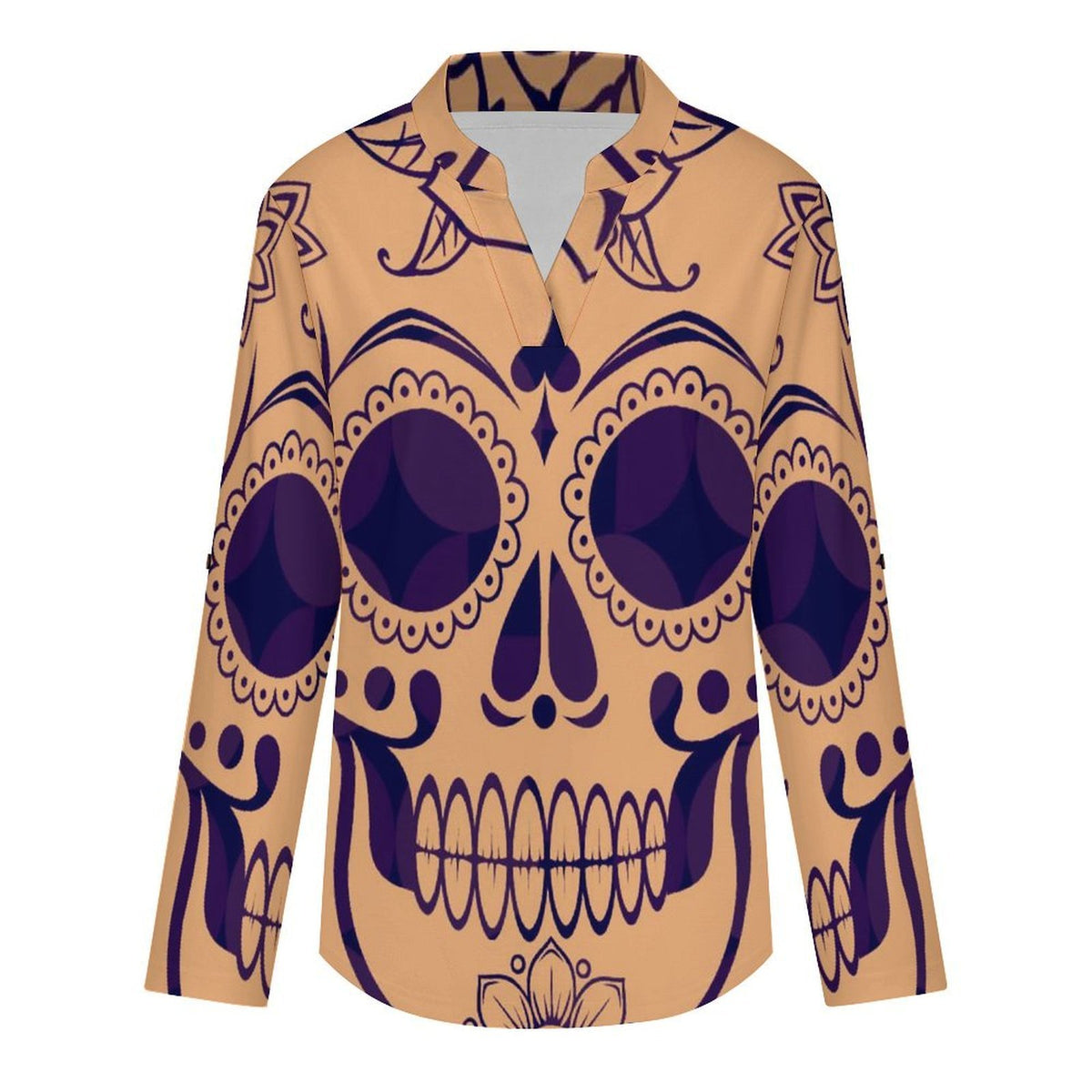 Stand-up Collar Long-sleeved Shirt Skull, Pattern  Customization Women’s V-Neck Blouses,long Sleeve,Roll-Up Sleeve Shirt