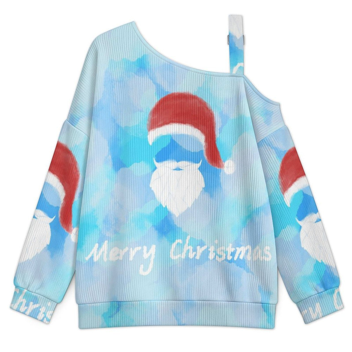 Off-the-shoulder Sweater Santa Claus Tie-dyed  Asymmetric Cold Shoulder Knit Sweater for Women, Adjustable Buckle Strap Long Sleeve Casual Slouchy Pullover