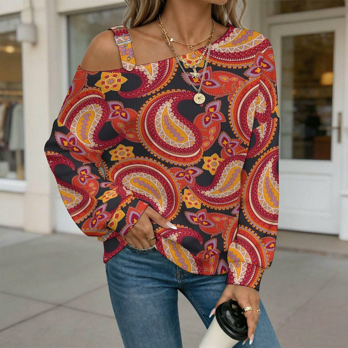 Off-the-shoulder Sweater Paisley Pattern  Asymmetric Cold Shoulder Knit Sweater for Women, Adjustable Buckle Strap Long Sleeve Casual Slouchy Pullover
