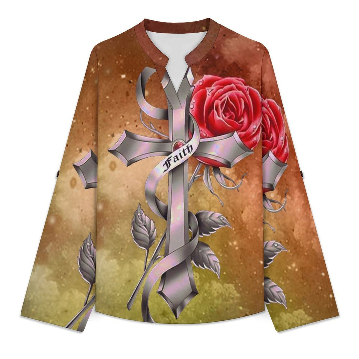 Stand-up Collar Long-sleeved Shirt Cross Rose Faith  Customization Women’s V-Neck Blouses,long Sleeve,Roll-Up Sleeve Shirt