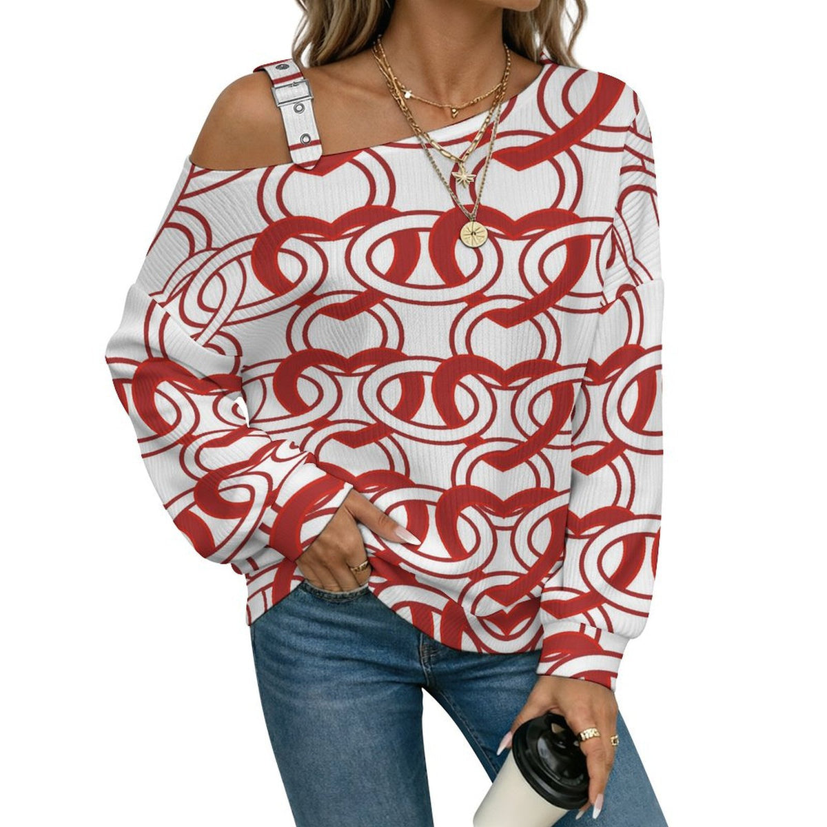 Off-the-shoulder Sweater Heart Pattern  Asymmetric Cold Shoulder Knit Sweater for Women, Adjustable Buckle Strap Long Sleeve Casual Slouchy Pullover