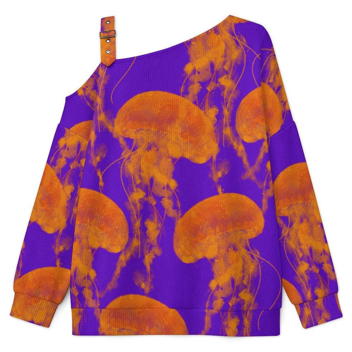 Off-the-shoulder Sweater Jellyfish Ocean Corlorful  Asymmetric Cold Shoulder Knit Sweater for Women, Adjustable Buckle Strap Long Sleeve Casual Slouchy Pullover