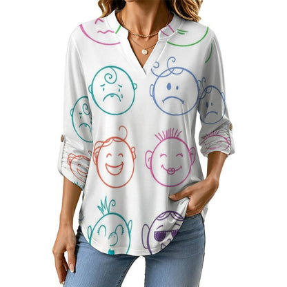 Stand-up Collar Long-sleeved Shirt Color Lines, Cartoon Characters  Customization Women’s V-Neck Blouses,long Sleeve,Roll-Up Sleeve Shirt