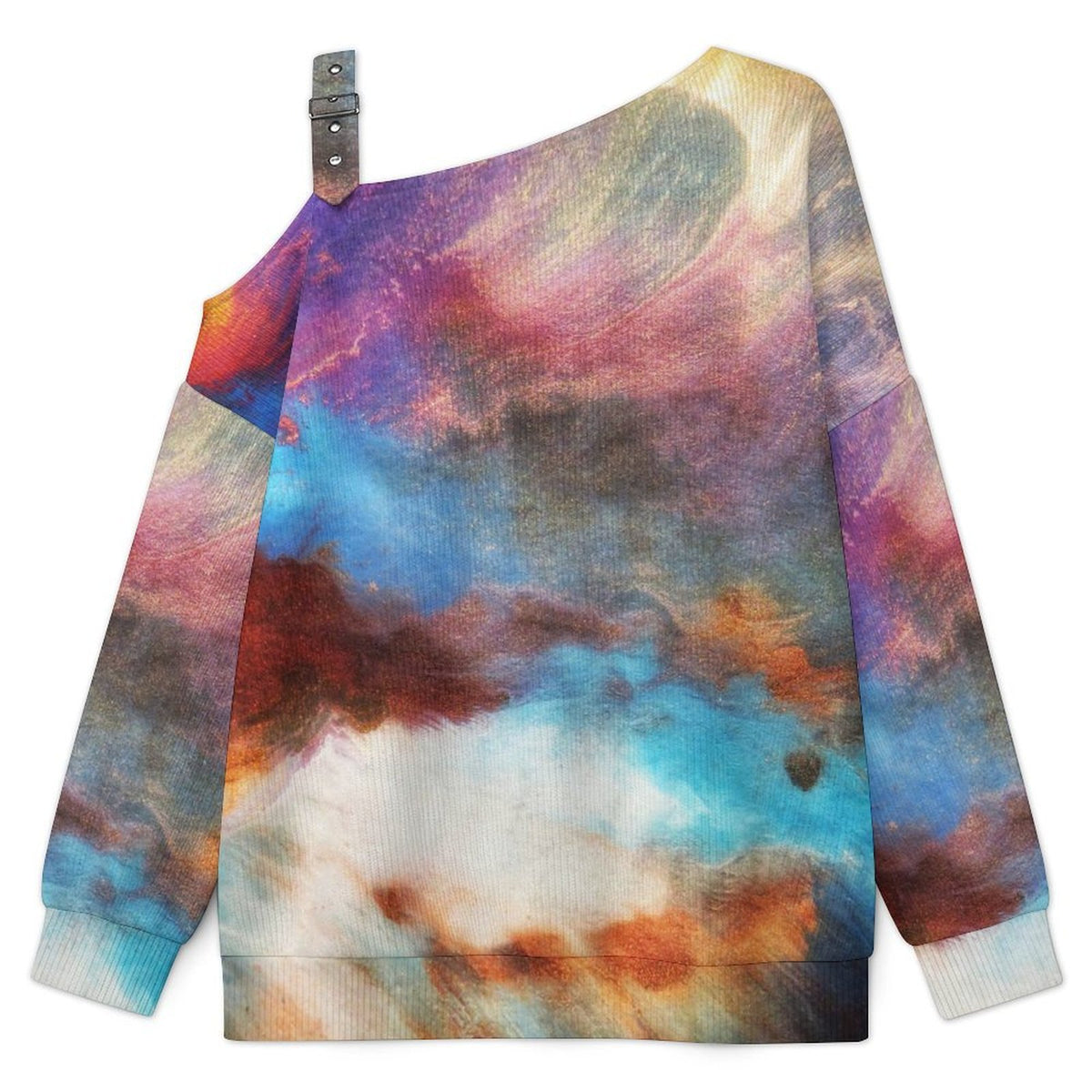 Off-the-shoulder Sweater Color Abstract Painting  Asymmetric Cold Shoulder Knit Sweater for Women, Adjustable Buckle Strap Long Sleeve Casual Slouchy Pullover