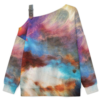 Off-the-shoulder Sweater Color Abstract Painting  Asymmetric Cold Shoulder Knit Sweater for Women, Adjustable Buckle Strap Long Sleeve Casual Slouchy Pullover