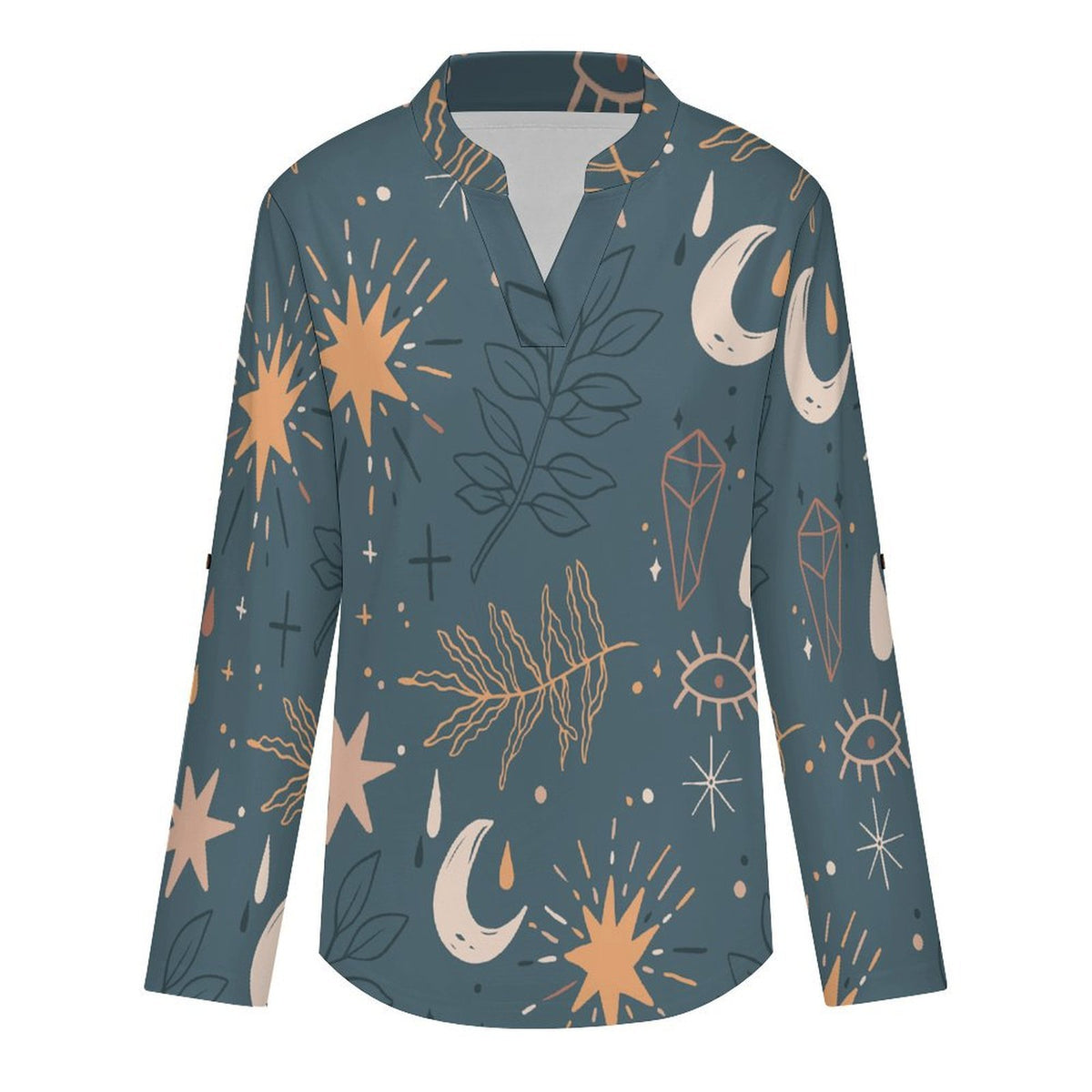 Stand-up Collar Long-sleeved Shirt Dark Green Background, Plant Pattern  Customization Women’s V-Neck Blouses,long Sleeve,Roll-Up Sleeve Shirt