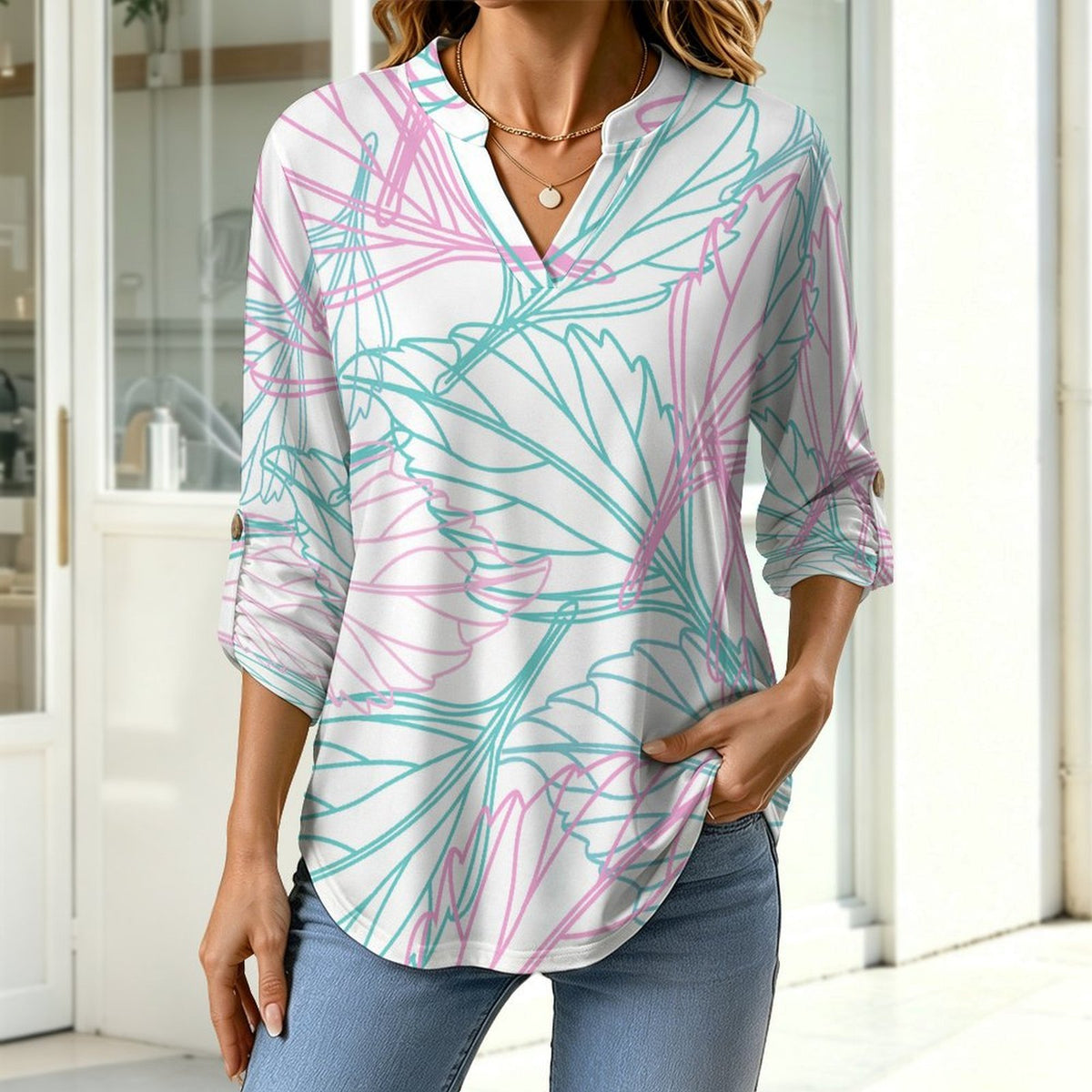 Colored Leaves  Versatile Notched V-Neck Tunic | Roll Tab 3/4 Sleeve Office Casual Top