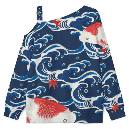 Women’s Off-Shoulder Knit Sweater Chinese Wind, Waves, Fish