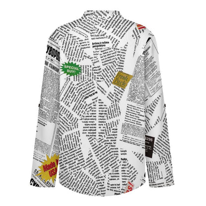 Stand-up Collar Long-sleeved Shirt Newspaper white S Women’s V-Neck Blouses