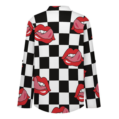 Pop Style Red Lips Repeat Pattern Black And White Checkered Roll Tab 3/4 Sleeve Notched V Neck Tunic Blouse