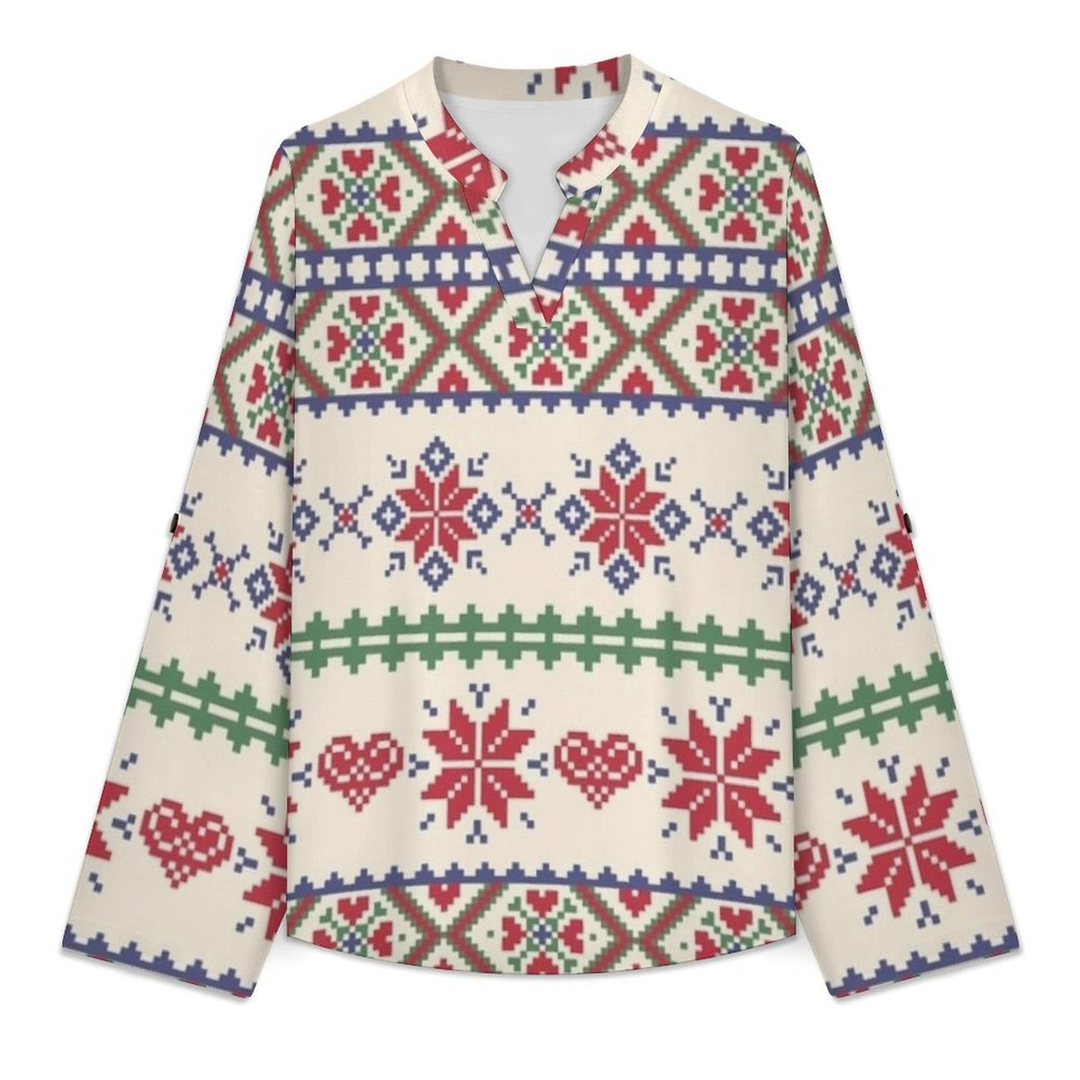 Christmas Pattern Roll Tab 3/4 Sleeve Notched V Neck Tunic Blouse