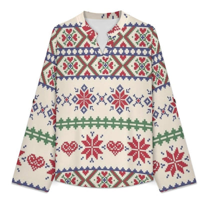 Christmas Pattern Roll Tab 3/4 Sleeve Notched V Neck Tunic Blouse