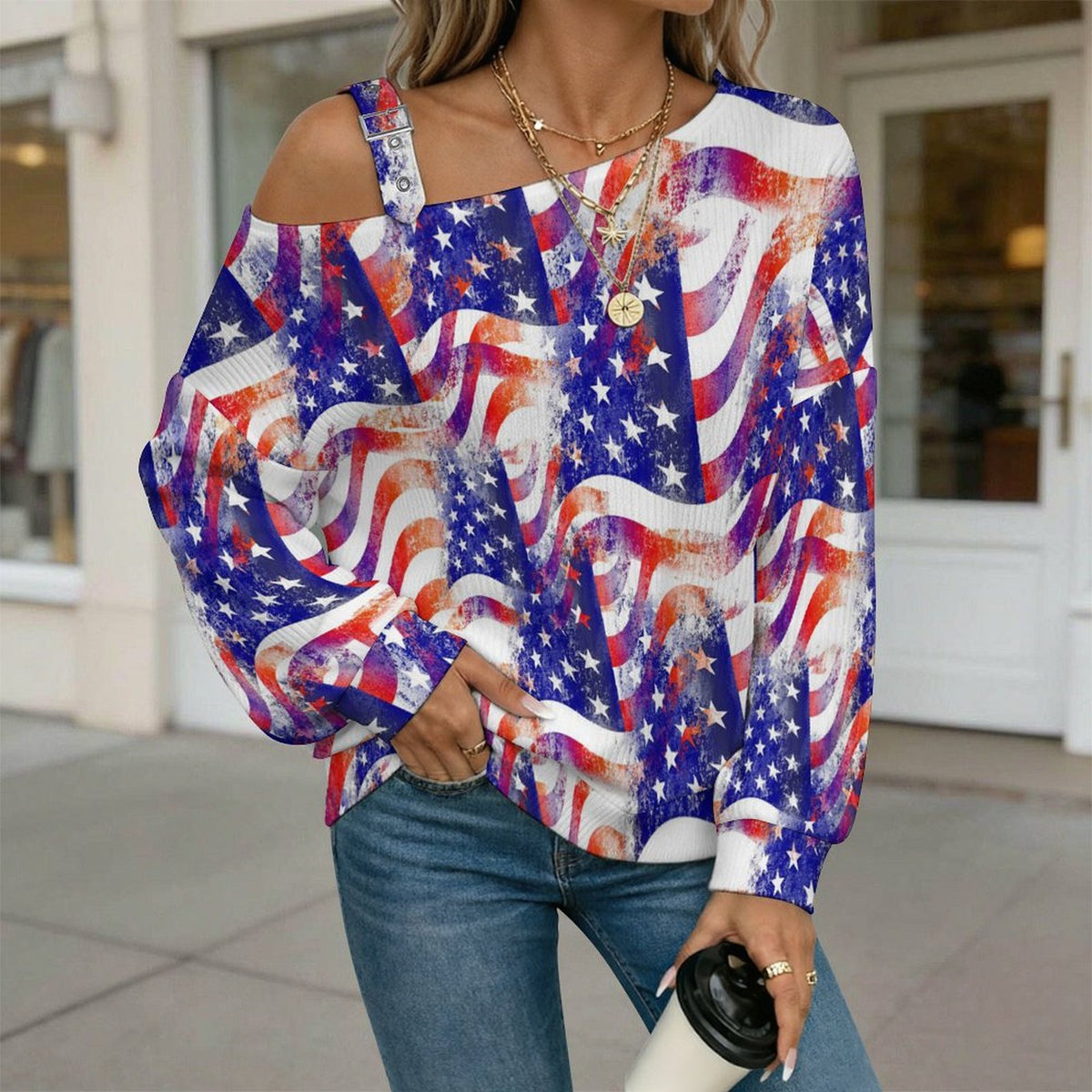 Buckle Strap Asymmetrical Off Shoulder Knit Sweater Many American Flags Intertwined