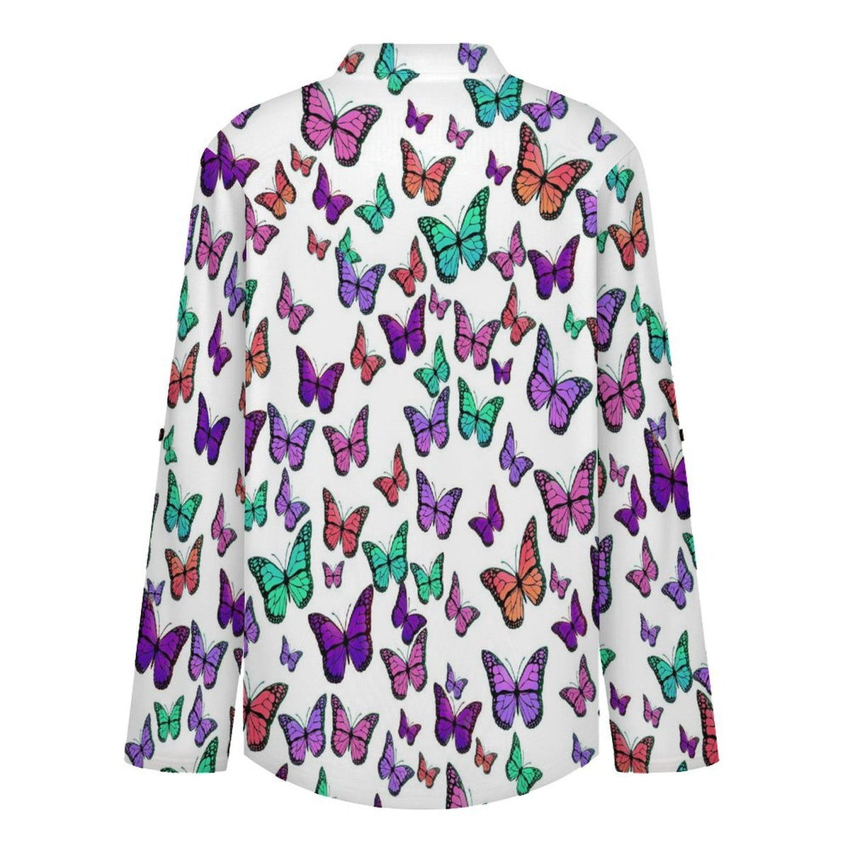 Versatile Notched V-Neck Tunic | Roll Tab 3/4 Sleeve Office Casual Top  Colorful Butterflies