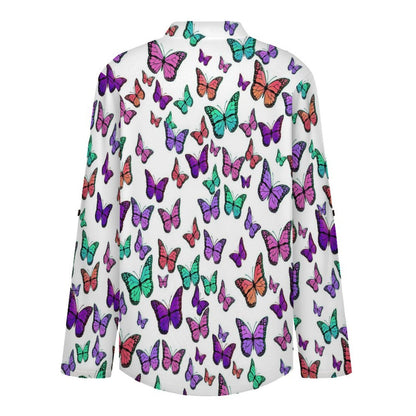 Versatile Notched V-Neck Tunic | Roll Tab 3/4 Sleeve Office Casual Top  Colorful Butterflies