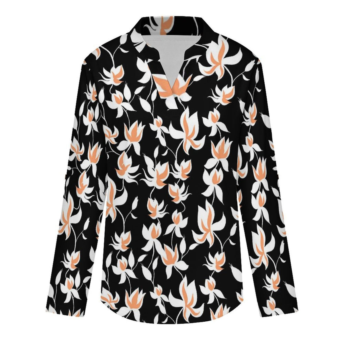 Flower Pattern Repeat  Versatile Notched V-Neck Tunic | Roll Tab 3/4 Sleeve Office Casual Top