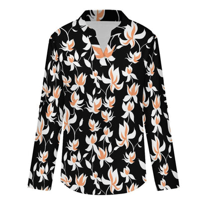 Flower Pattern Repeat  Versatile Notched V-Neck Tunic | Roll Tab 3/4 Sleeve Office Casual Top