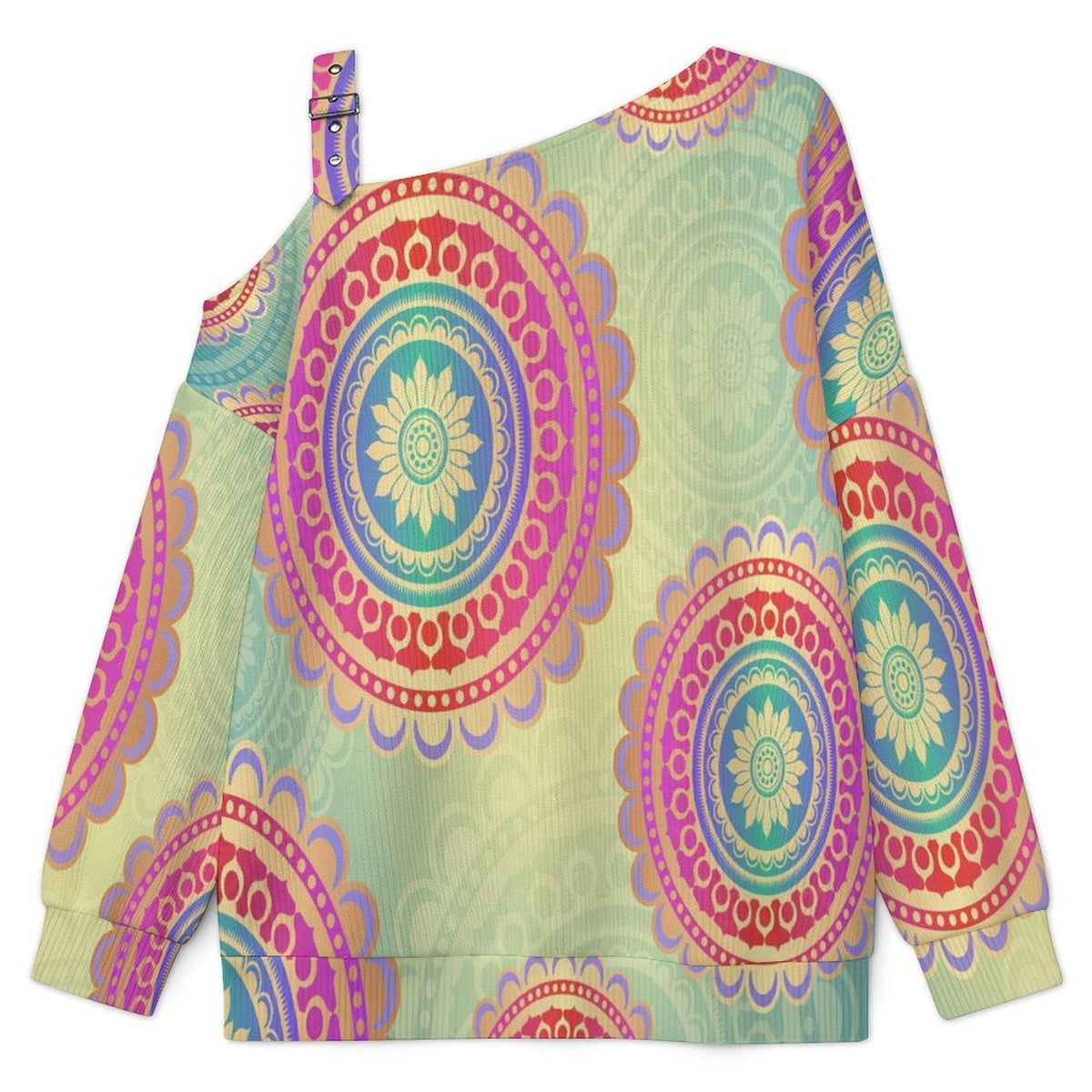 Retro Pattern Buckle Strap Asymmetrical Off Shoulder Knit Sweater