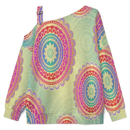 Retro Pattern Buckle Strap Asymmetrical Off Shoulder Knit Sweater