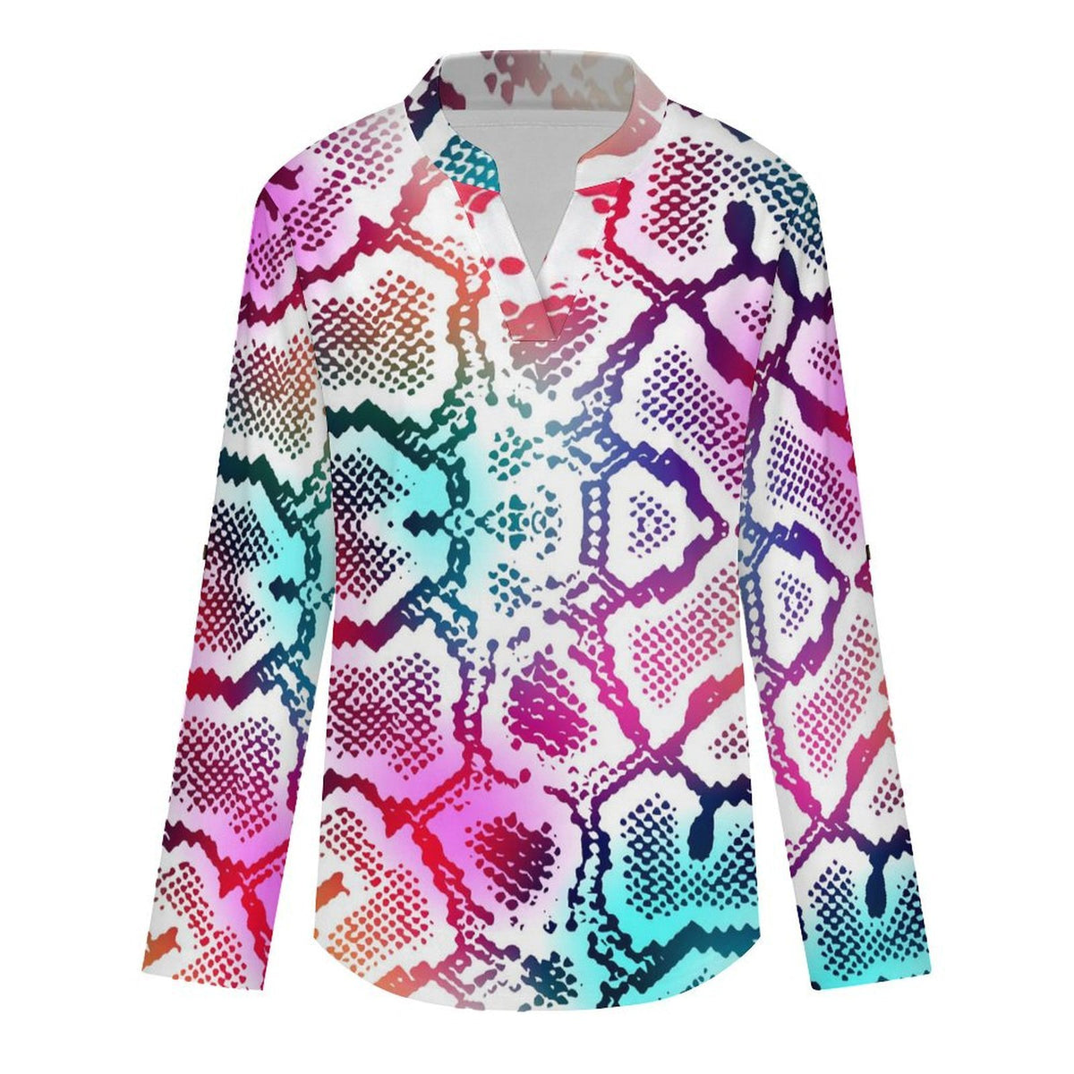 Fluorescent Snake Skin Pattern Roll Tab 3/4 Sleeve Notched V Neck Tunic Blouse