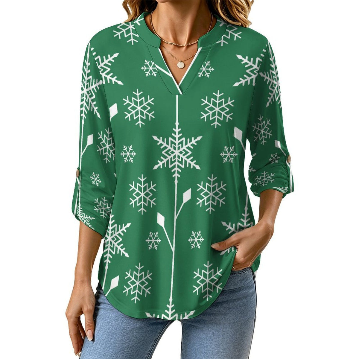Women's Notched V Neck Tunic Tops, Roll Up 3/4 Sleeve Button Cuff Casual Blouse, Hem Loose Work Shirts  Snowflake Green Tile Repeat