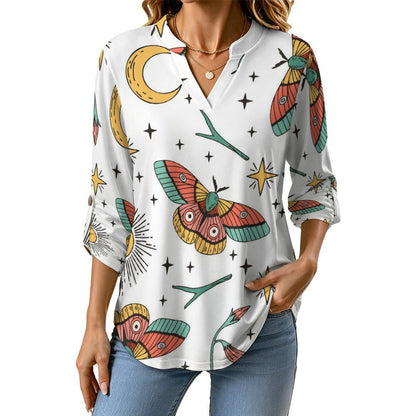 Color, Butterfly, Pattern Roll Tab 3/4 Sleeve Notched V Neck Tunic Blouse