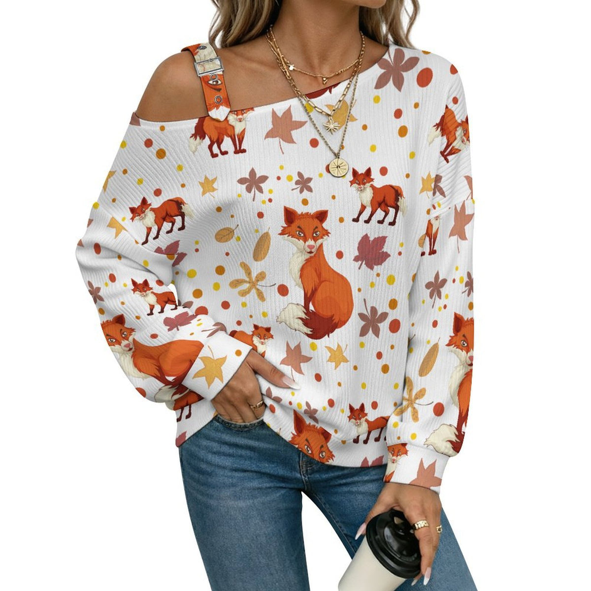 Fall Casual Asymmetric Shoulder Knit Top with Buckle Detail Fallen Leaves, Pine Cones, Squirrels
