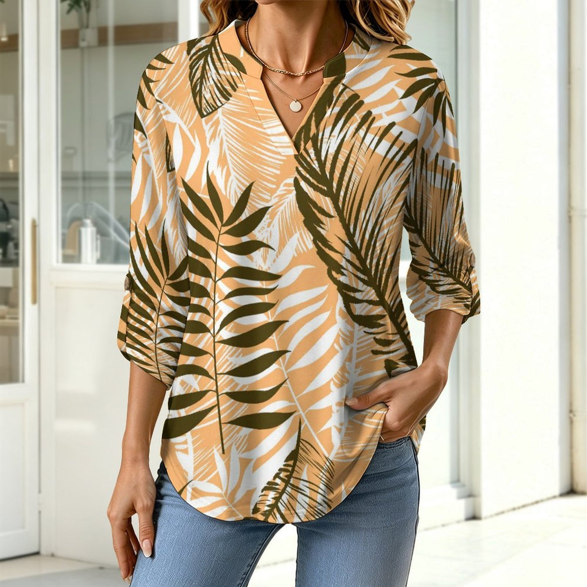 Stand-up Collar Long-sleeved Shirt Summer-flower-blue-yellow-full Print-T-shirt-phone Case white S Women’s V-Neck Blouses