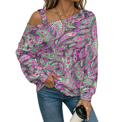 Fall Casual Asymmetric Shoulder Knit Top with Buckle Detail Paisley