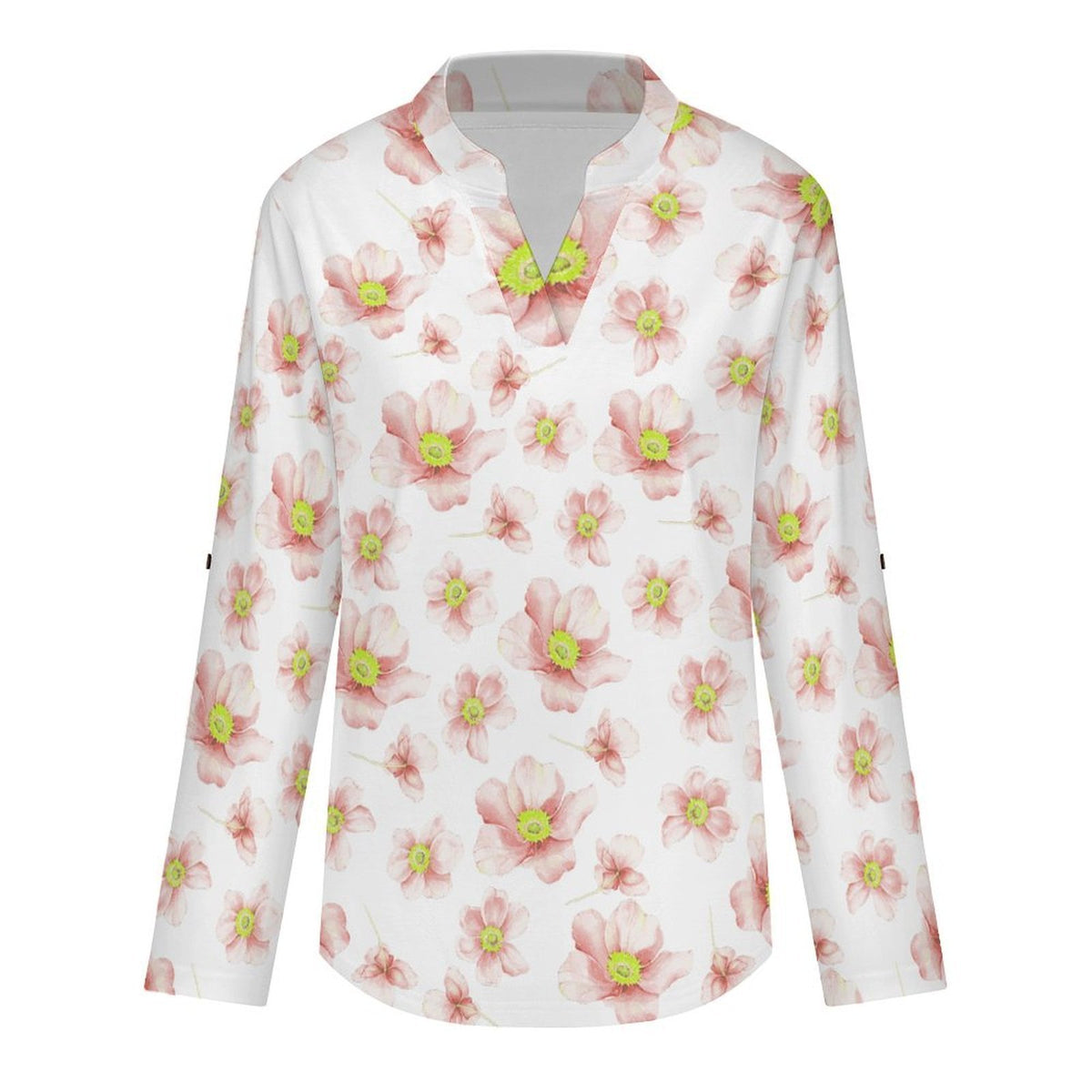 Women's Notched V Neck Tunic Tops, Roll Up 3/4 Sleeve Button Cuff Casual Blouse, Hem Loose Work Shirts  Floral, Pink, Repeating Pattern