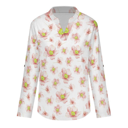 Women's Notched V Neck Tunic Tops, Roll Up 3/4 Sleeve Button Cuff Casual Blouse, Hem Loose Work Shirts  Floral, Pink, Repeating Pattern