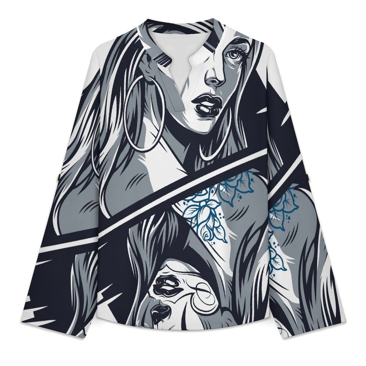 Skeleton, Queen, Up And Down  Women Curved Hem V Neck Roll Sleeve Casual Work Top