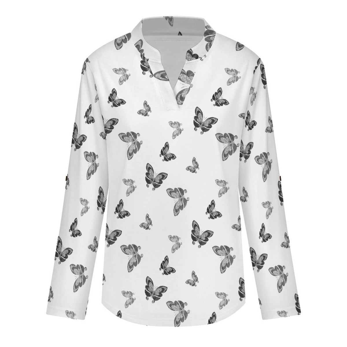 Versatile Notched V-Neck Tunic | Roll Tab 3/4 Sleeve Office Casual Top  Black And White Butterfly