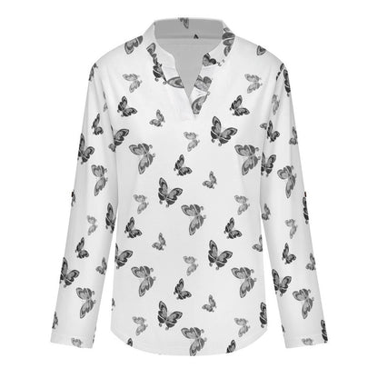 Versatile Notched V-Neck Tunic | Roll Tab 3/4 Sleeve Office Casual Top  Black And White Butterfly