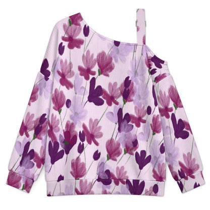 Purple Flowers Buckle Strap Asymmetrical Off Shoulder Knit Sweater