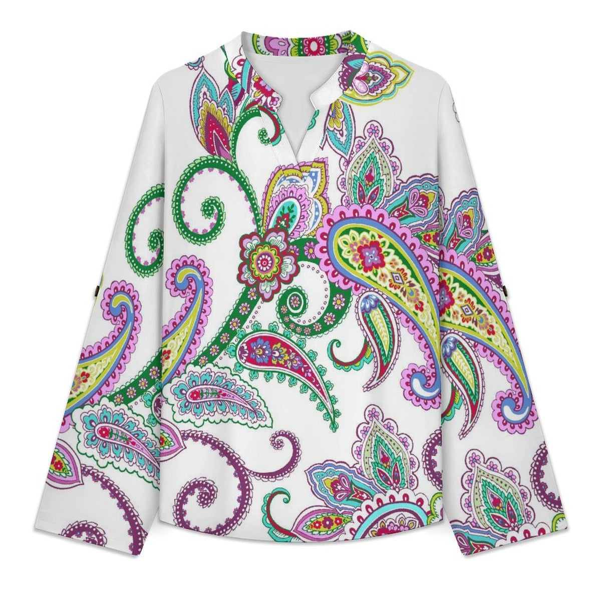 Paisley  Women Curved Hem V Neck Roll Sleeve Casual Work Top