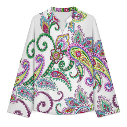 Paisley  Women Curved Hem V Neck Roll Sleeve Casual Work Top