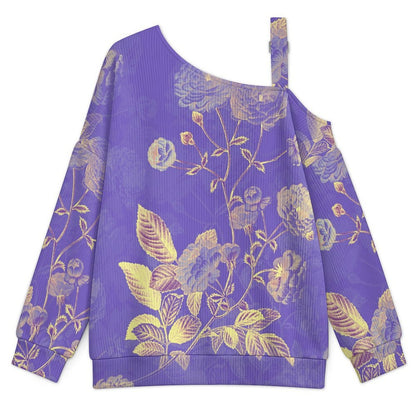Off-the-shoulder SweaterPurple, Chinese Style, Flower Pattern Women’s Off-Shoulder Knit Sweater