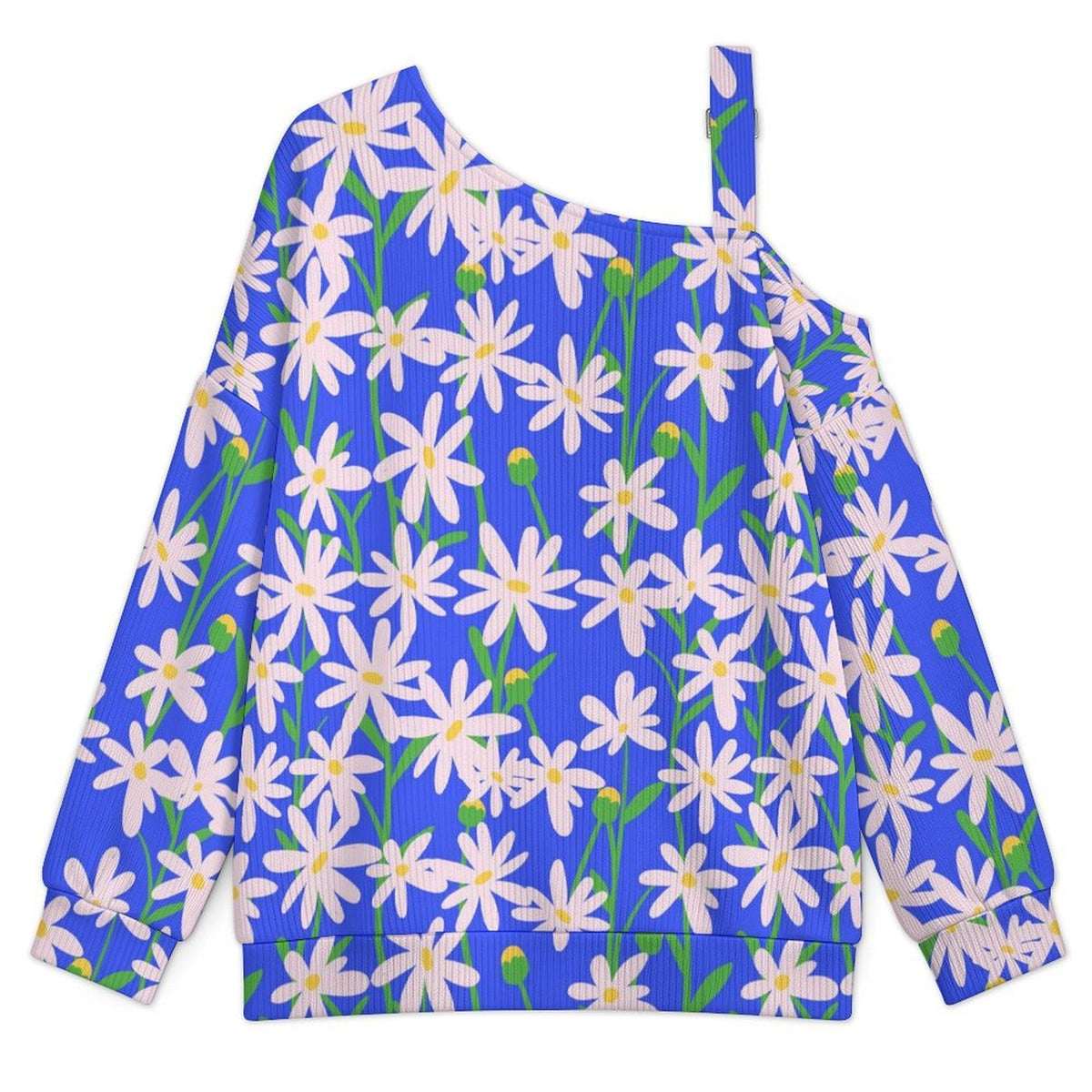 Fall Casual Asymmetric Shoulder Knit Top with Buckle Detail White Flower