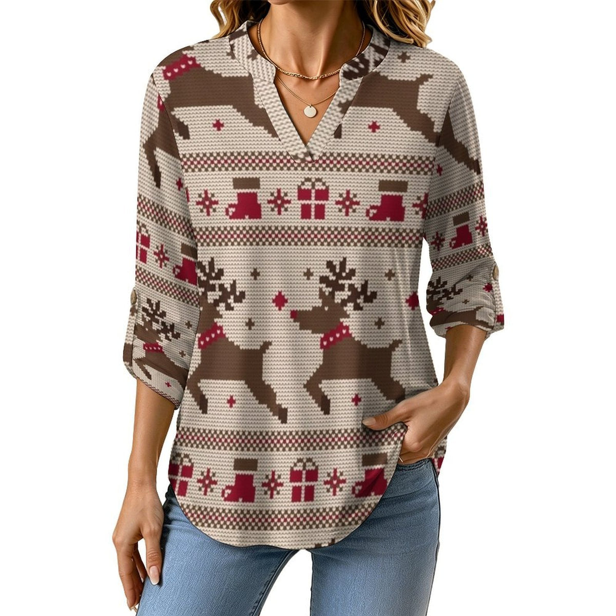 Christmas Pattern  Versatile Notched V-Neck Tunic | Roll Tab 3/4 Sleeve Office Casual Top