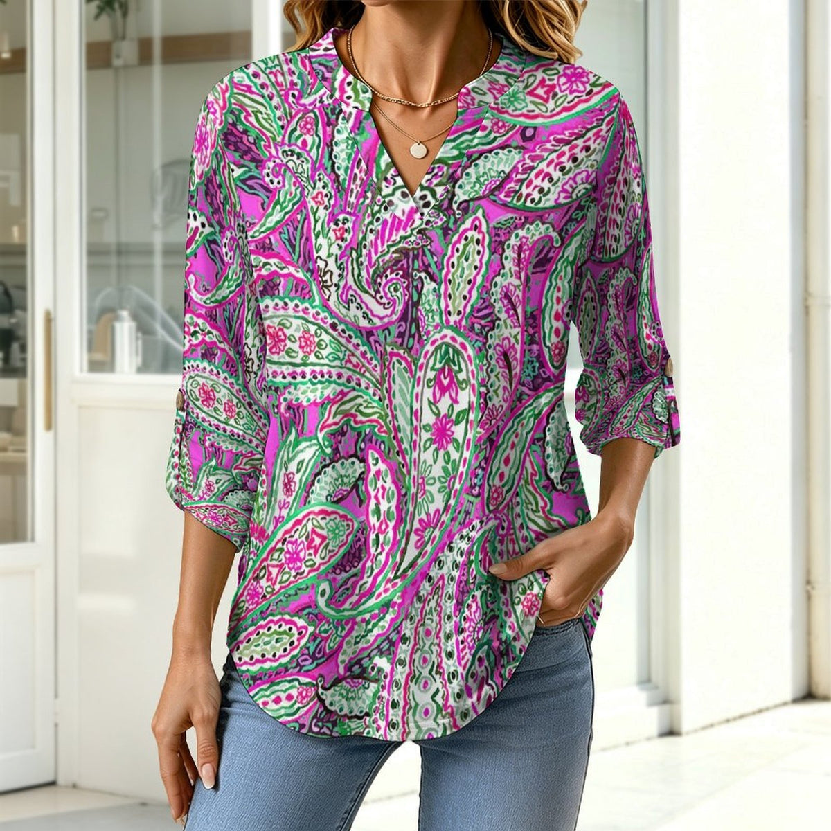 Women's Notched V Neck Tunic Tops, Roll Up 3/4 Sleeve Button Cuff Casual Blouse, Hem Loose Work Shirts Paisley